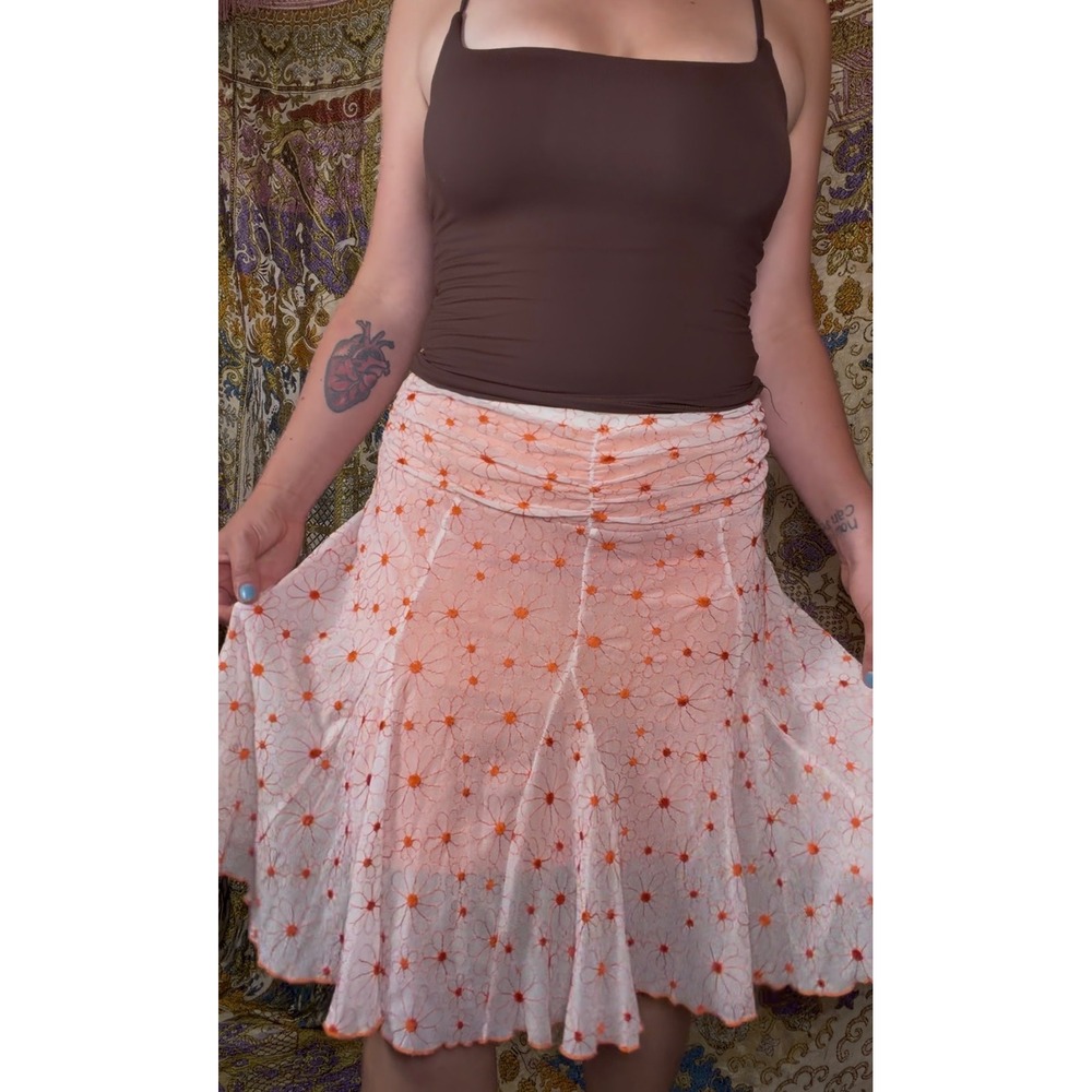 White Orange Floral Embroidered Cutesy Forest Fairy Knee Length Skirt Size M - Picture 3 of 11